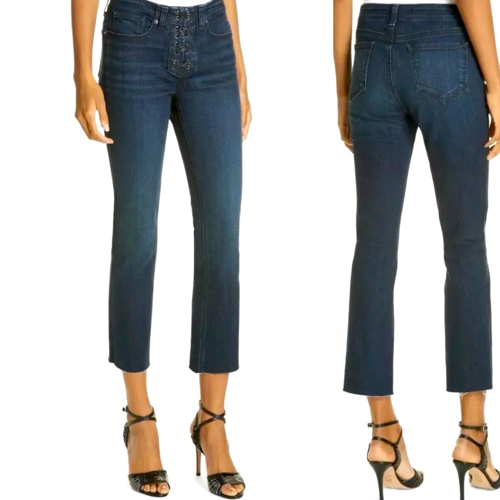 Veronica BEARD Carolyn LACE UP stretch Flare JEANS IN MIDNIGHT w/FRAY size: 27